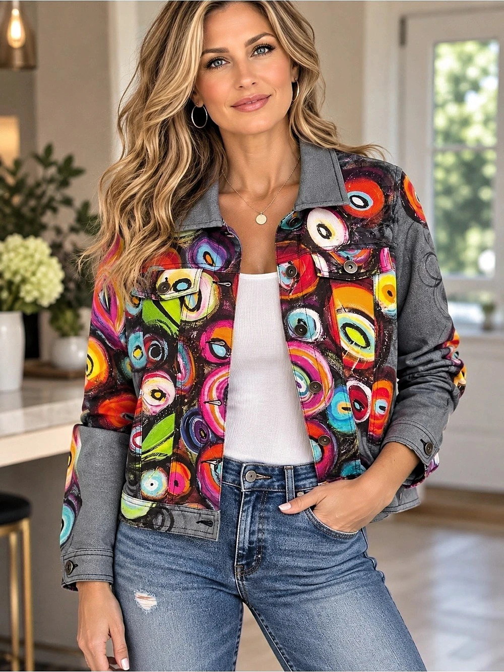 21.5?Abstract Multicolor Gray Denim Jacket